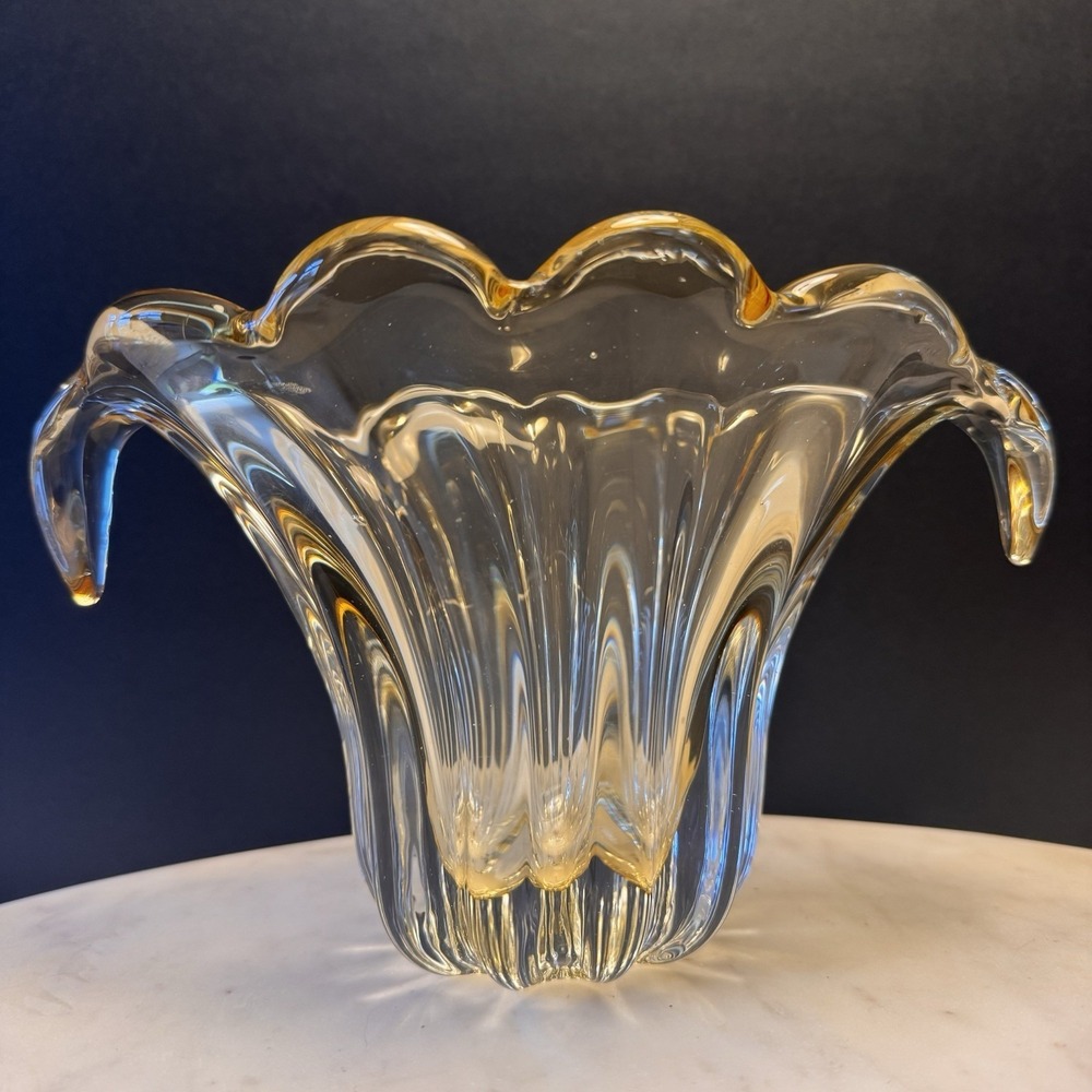 Vtg Hand Blown Art Glass Waterfall Pale Yellow Gold Thick Vase Heavy Teleflora